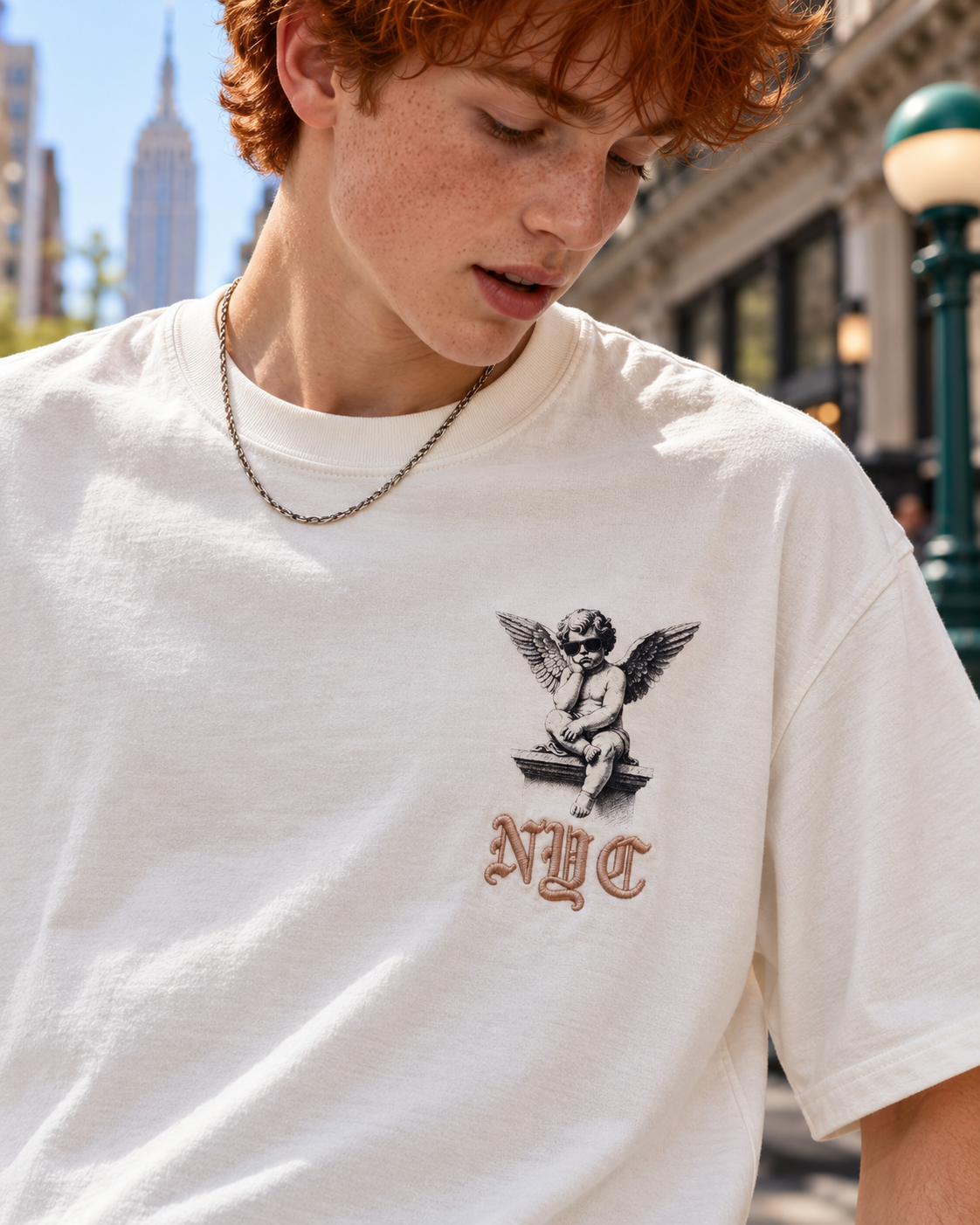JAQWIN Men's New York City Cherub Heavyweight Drop-Shoulder Graphic T-Shirt – White