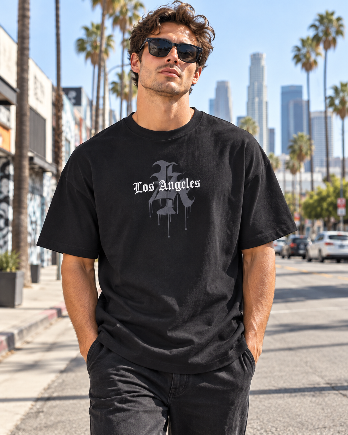 JAQWIN Men's Los Angeles Heavyweight Drop-Shoulder Graphic T-Shirt – Black