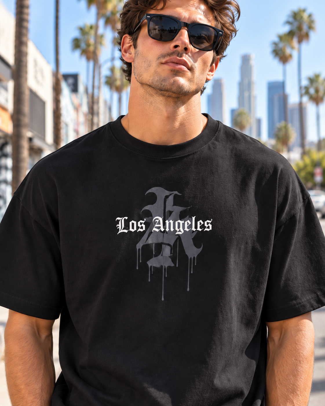 JAQWIN Men's Los Angeles Heavyweight Drop-Shoulder Graphic T-Shirt – Black