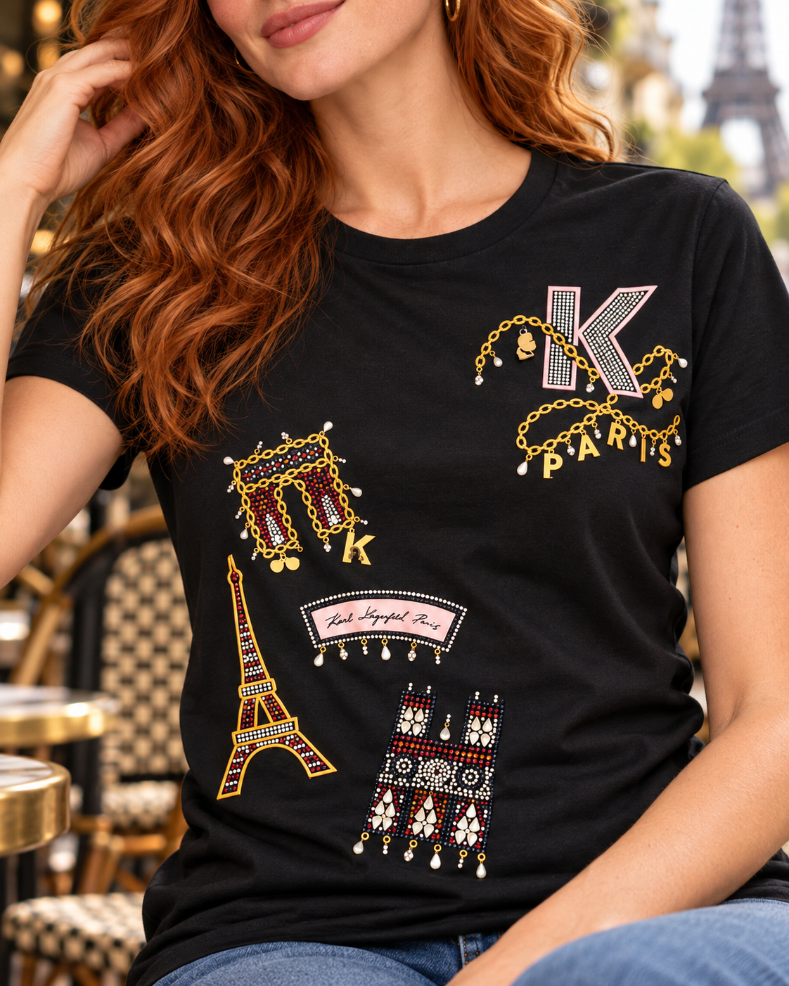KARL LAGERFELD PARIS Women's Crystal Paris Icons T-Shirt – Black