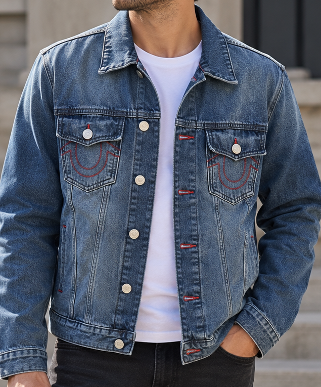 TRUE RELIGION Men’s Logo Print Denim Jacket