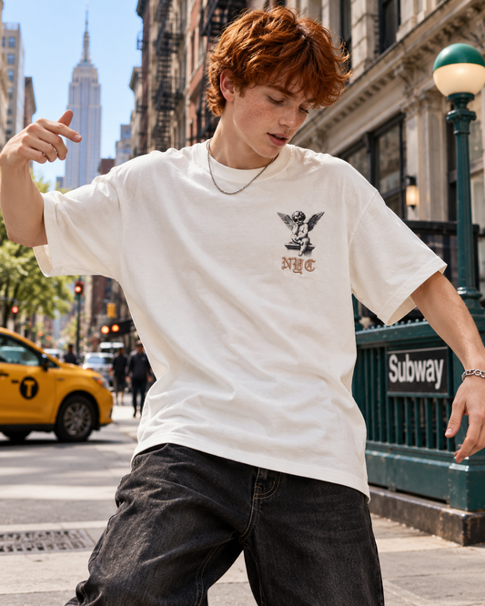 JAQWIN Men's New York City Cherub Heavyweight Drop-Shoulder Graphic T-Shirt – White