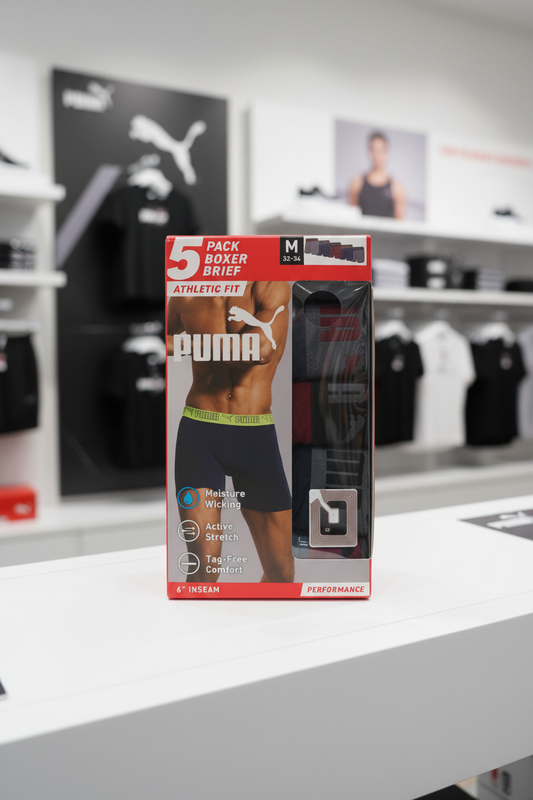 PUMA M-size 5-pack boxer brief box displayed in a PUMA store