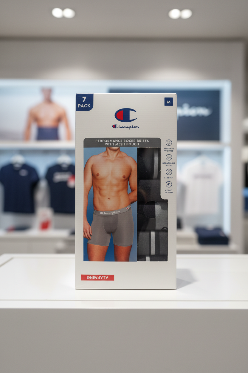 Champion M-size 7-pack performance boxer brief box displayed in a Champion store