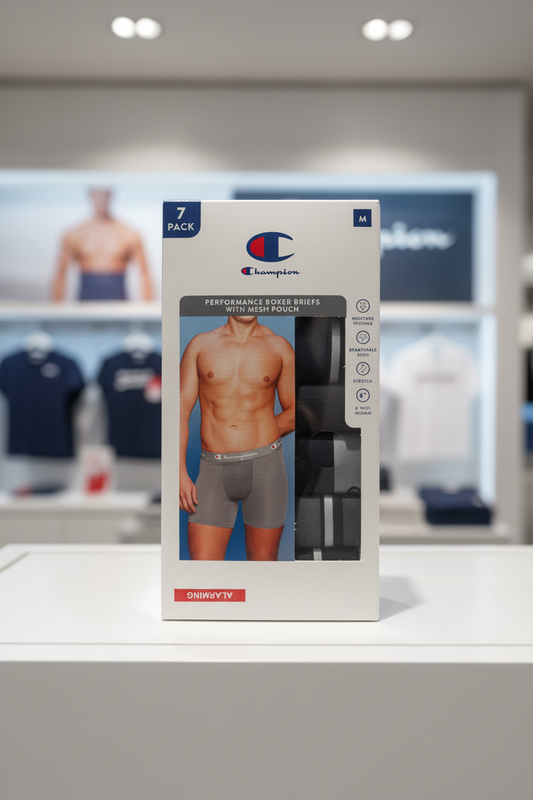 Champion M-size 7-pack performance boxer brief box displayed in a Champion store