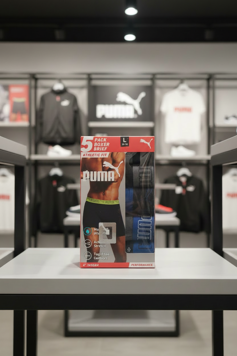 PUMA 5-pack boxer brief box displayed in a PUMA store without the white retail tag