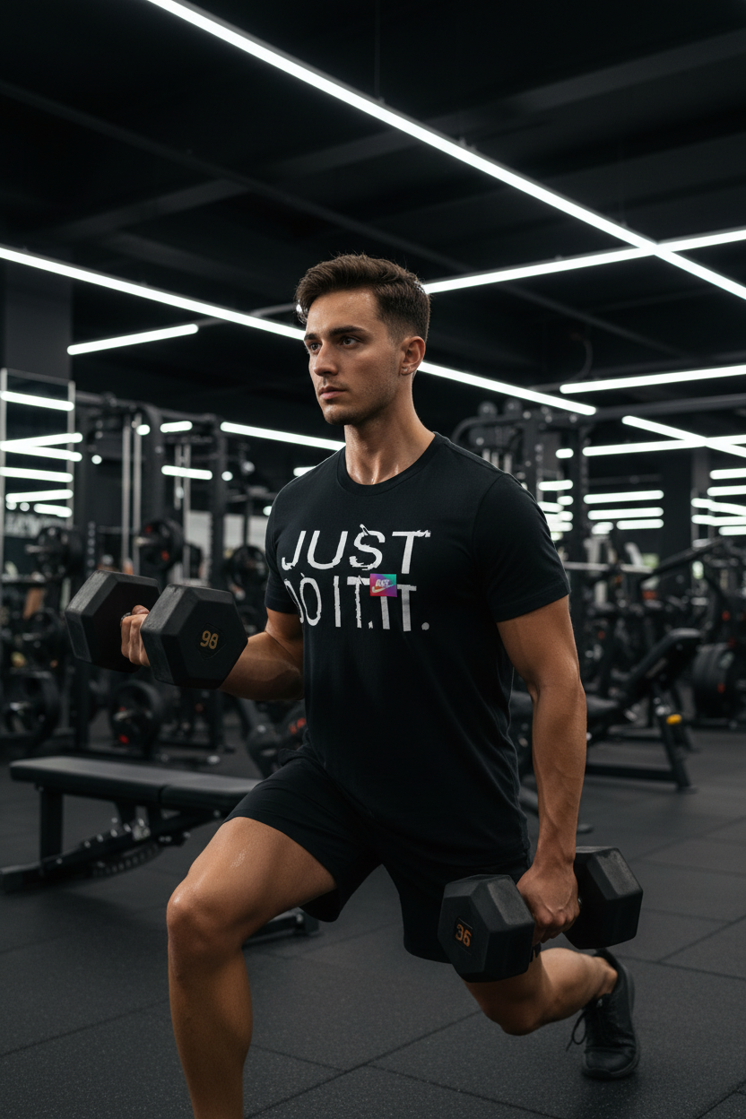 Man exercising in the gym wearing the black Nike Just Do It t-shirt