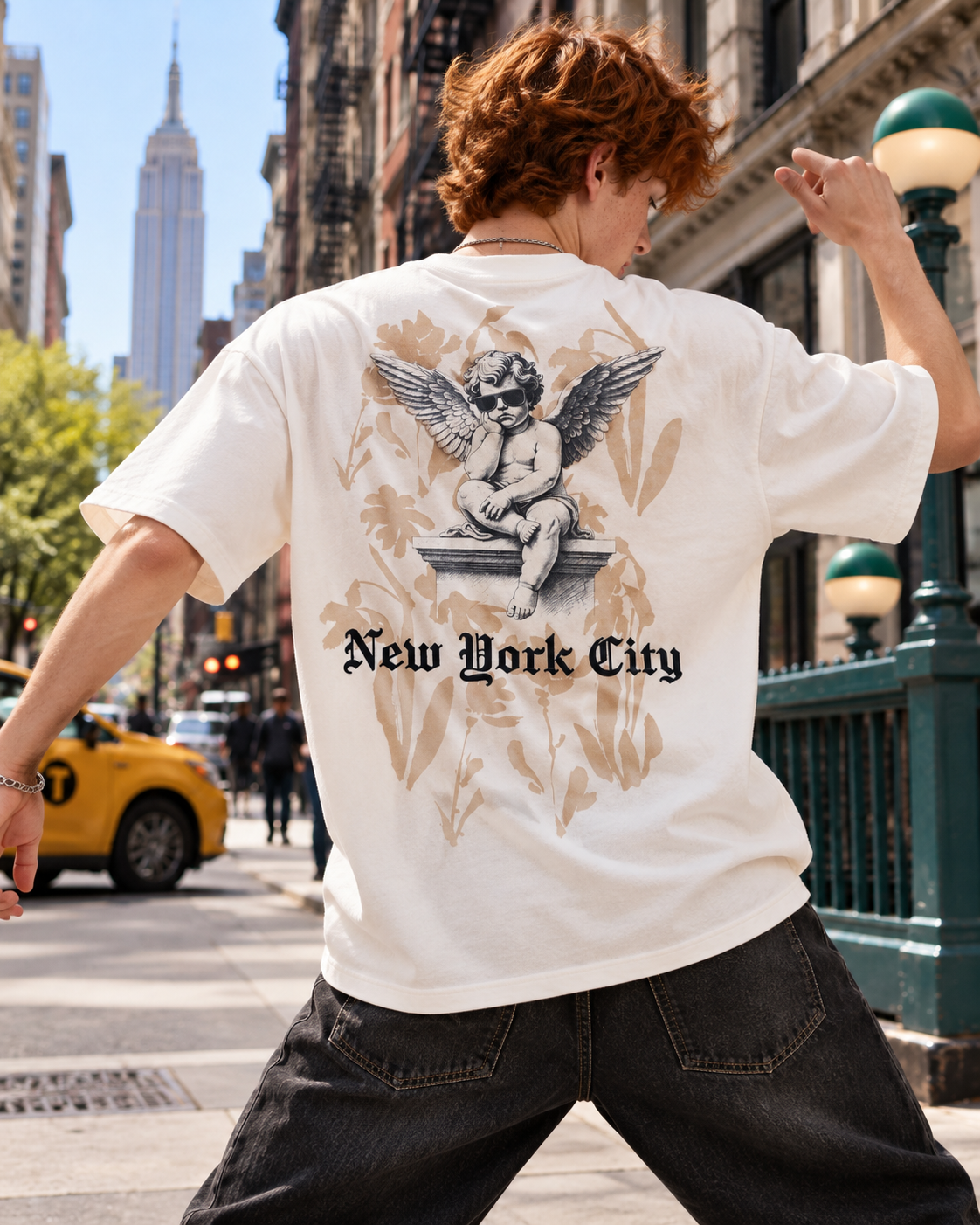JAQWIN Men's New York City Cherub Heavyweight Drop-Shoulder Graphic T-Shirt – White