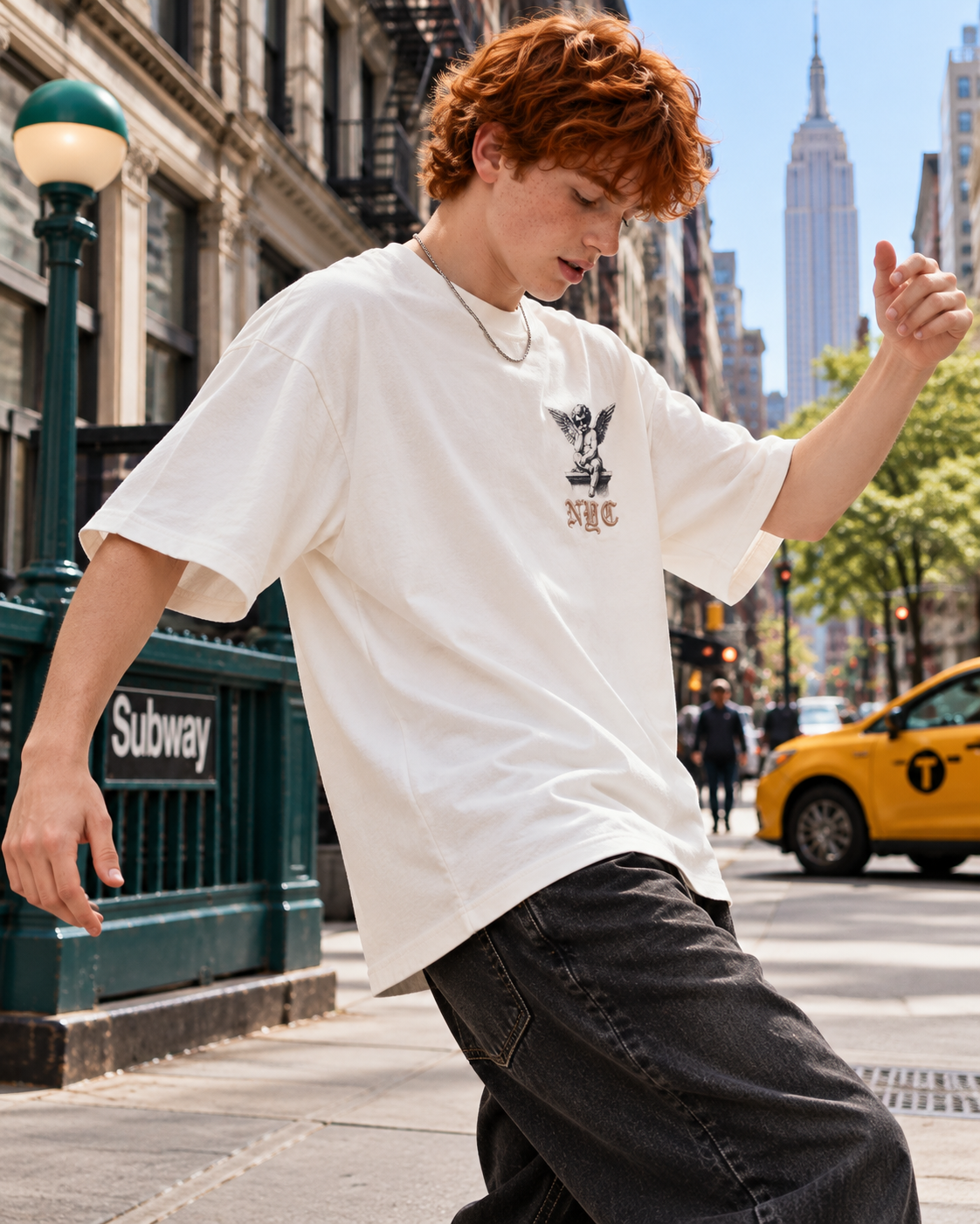 JAQWIN Men's New York City Cherub Heavyweight Drop-Shoulder Graphic T-Shirt – White