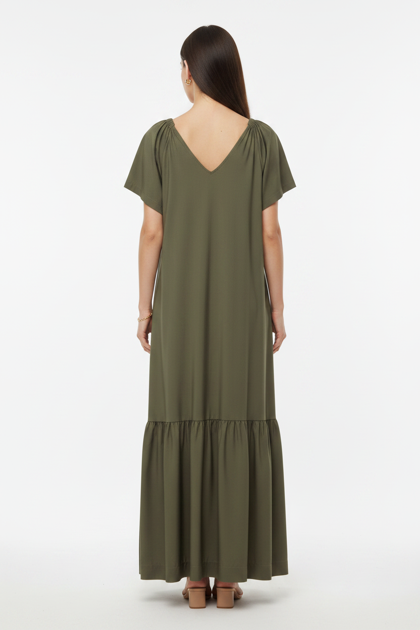 Olive Green Maxi Dress - Back, same model
