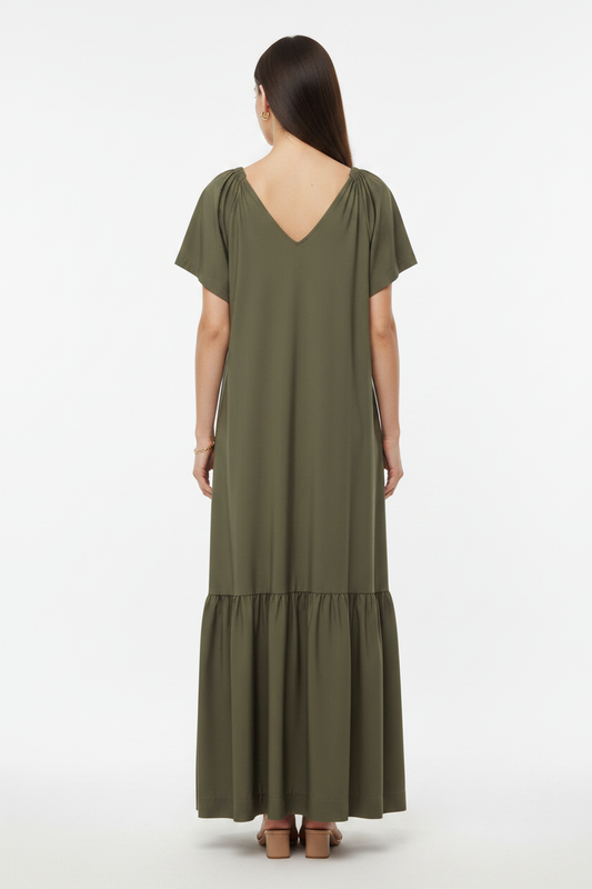 Olive Green Maxi Dress - Back, same model