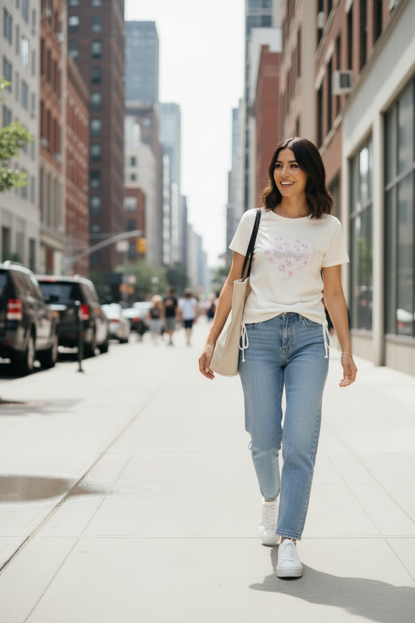 One woman walking in the Bebe shirt without a jacket