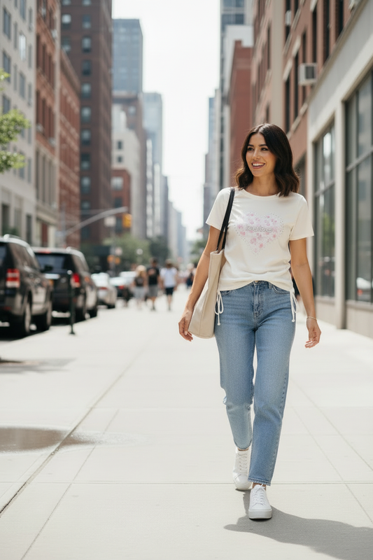 One woman walking in the Bebe shirt without a jacket