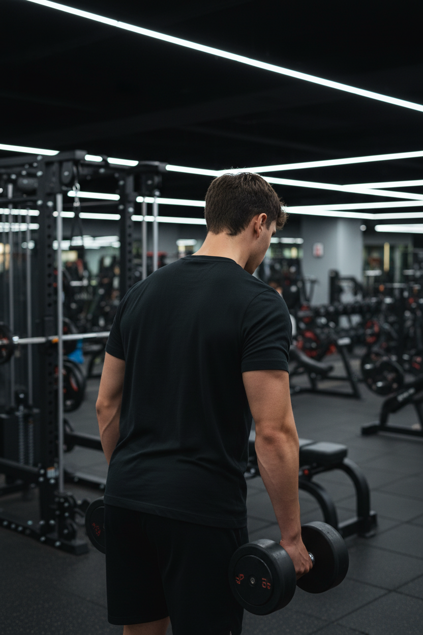 Rear view of a man exercising in the gym wearing the black Nike t-shirt