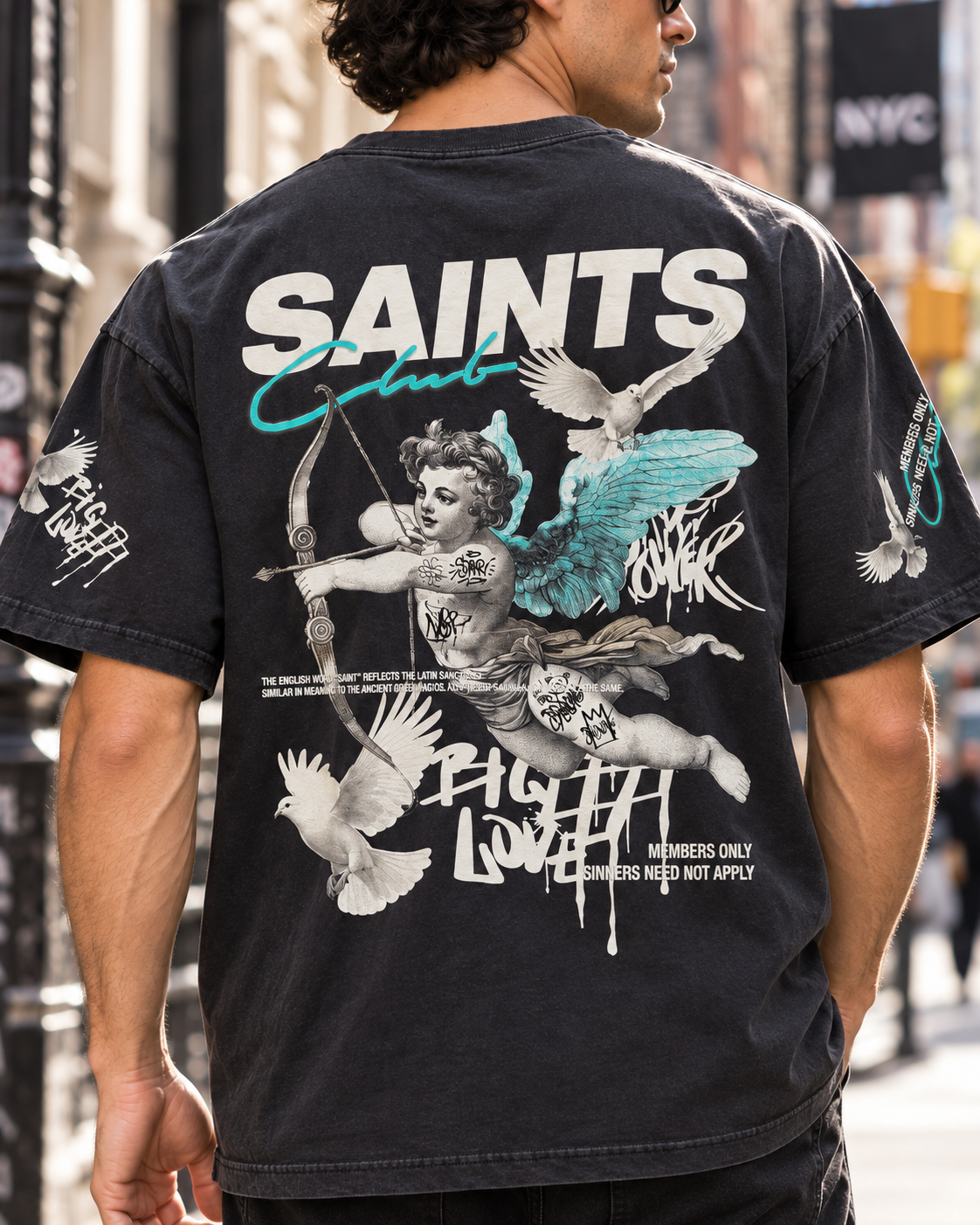 Savage Crew Men's SAINTS Club Angel & Dove Graphic T-Shirt - Black