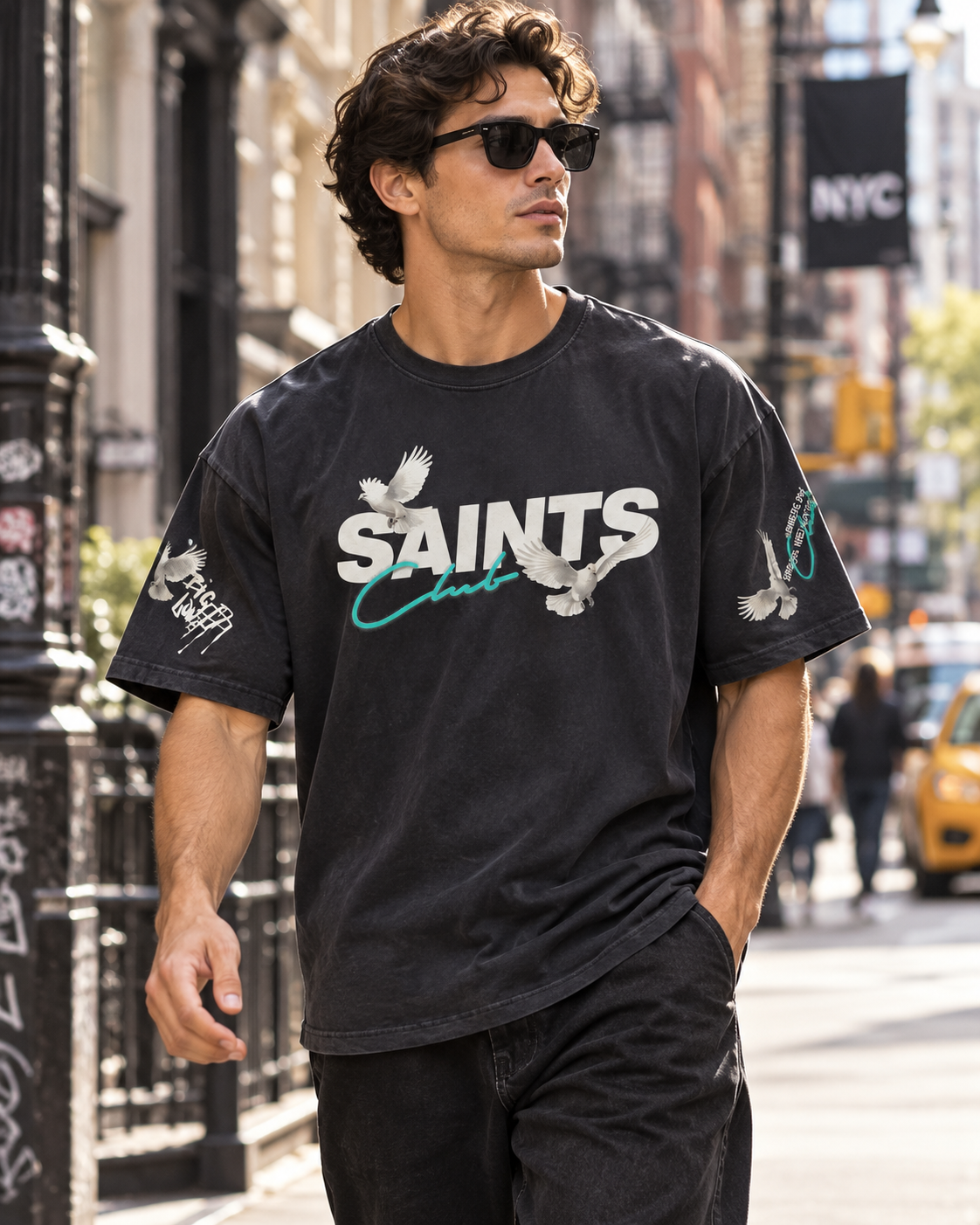 Savage Crew Men's SAINTS Club Angel & Dove Graphic T-Shirt - Black