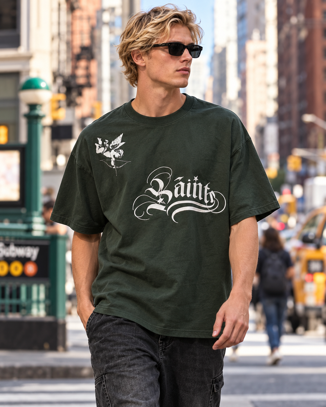 JAQWIN Men's Saints Heavyweight Drop-Shoulder Graphic T-Shirt – Hunter Green