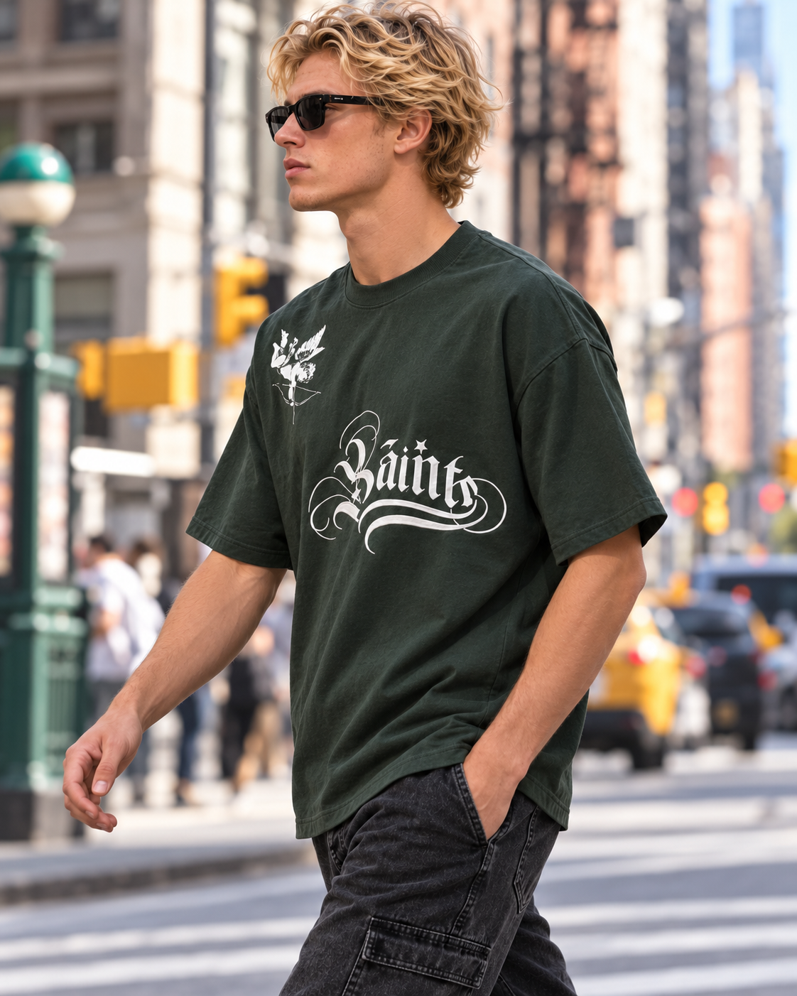 JAQWIN Men's Saints Heavyweight Drop-Shoulder Graphic T-Shirt – Hunter Green