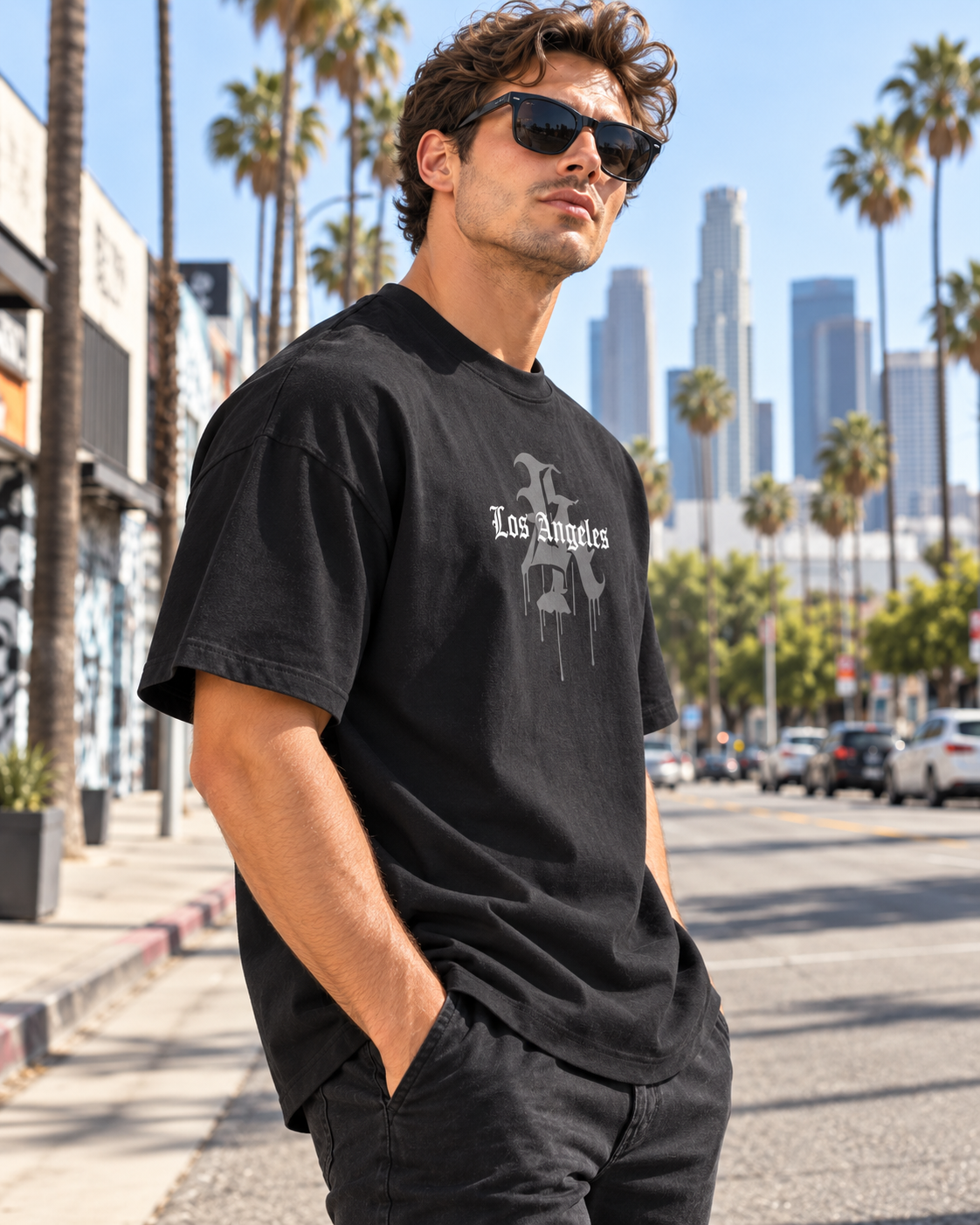 JAQWIN Men's Los Angeles Heavyweight Drop-Shoulder Graphic T-Shirt – Black